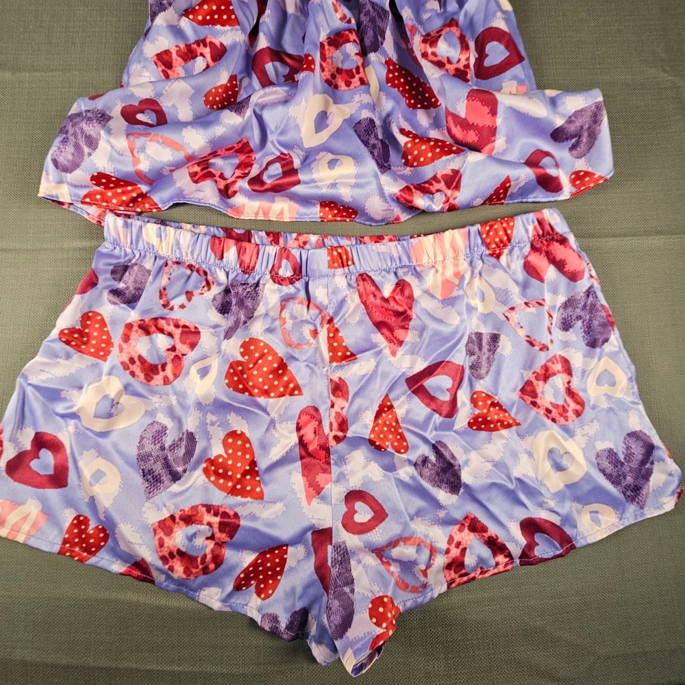 Enchanting Purple Heart Print Satin Pajama Set Camisole Shorts Womens Large L - Picture 4 of 8